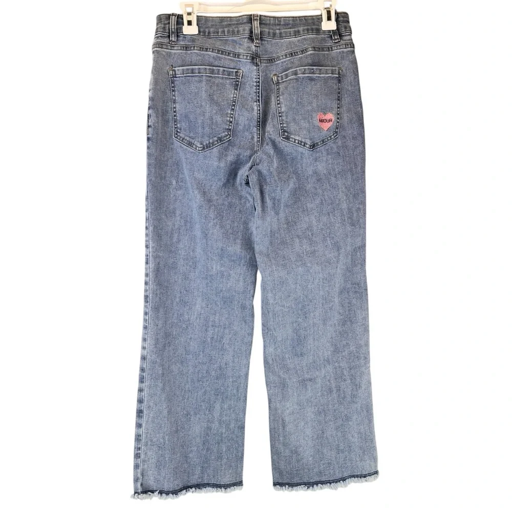 CHARLIE B Wide Leg Jeans Denim Whimsical Embroidered Icons Raw Hem Sz 8 - Picture 4 of 12